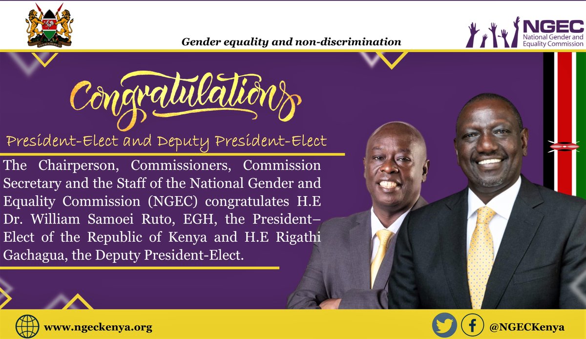 Congratulations to the President-Elect H.E. Dr. @WilliamsRuto, EGH, and the Deputy President-Elect H.E @rigathi