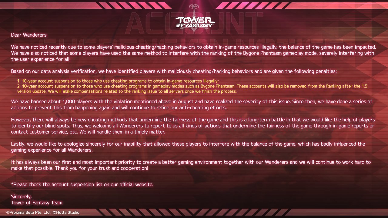 Tower of Fantasy on Twitter: "Dear Wanderers, Please check below for the  official responses and updates regarding the recent malicious cheating/ hacking behaviors. https://t.co/g21cwExmki Thank you for your cooperation  and we will continue