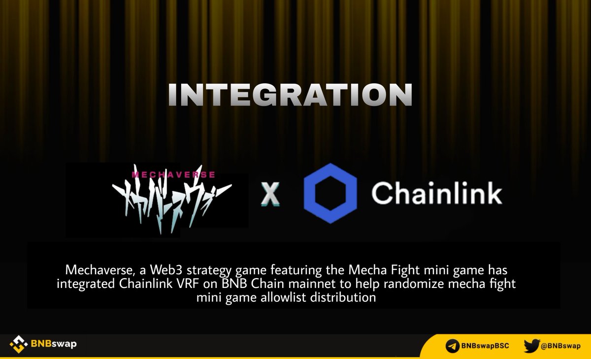 BNBSwap's tweet photo. 📢 @MetaMechaverse a #Web3 strategy game featuring the #MechaFight mini game has integrated Chainlink VRF on #BNBChain mainnet to help randomize mecha fight mini game allowlist distribution

More info👇
https://t.co/IA7HMt3aKe

#BNB #BSC $MC #NFT #NFTs #GameFi #P2E $LINK #BNBswap https://t.co/LUVlTnPAKW