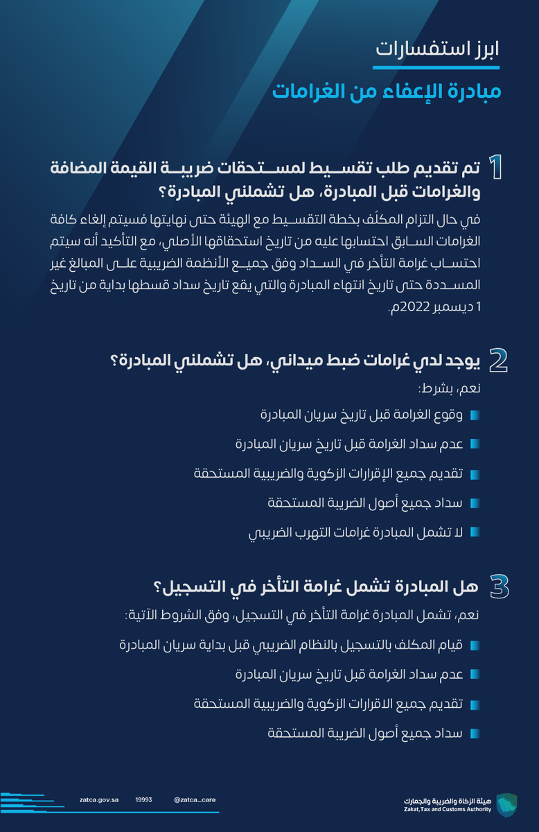 Zatca_care's tweet photo. أبرز الاستفسارات حول مبادرة #الإعفاء_من_الغرامات وما تضمنته من شروط.
#زاتكا https://t.co/vMTcJ7DdvY