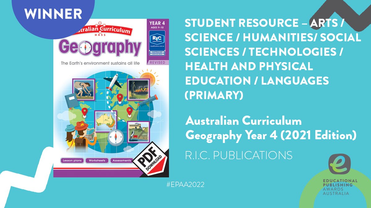 EPAs_Aus's tweet photo. This yearโs winning title in the Student Resource โ Arts/Science/Humanities/Social Sciences /Technologies/Health and Physical Education/Languages category goes to @RICPublications for their text: Australian Curriculum Geography. Congratulations! ๐
#EPAA2022 #PrimaryEdResource https://t.co/eVFVsPoY2L