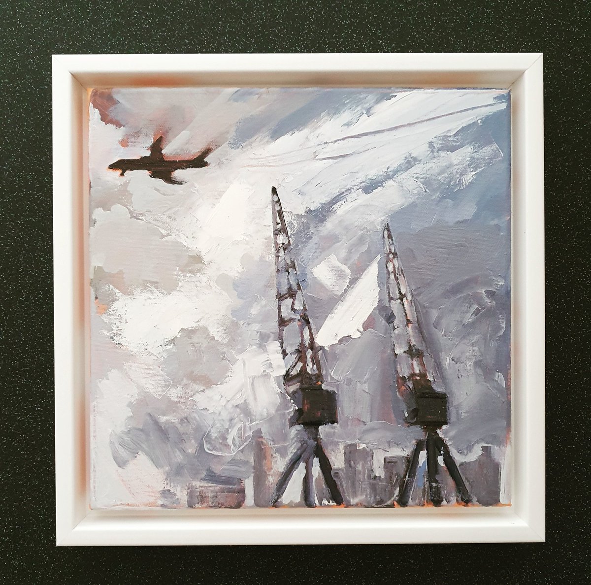 Roger, have missed the cranes! Oil on canvas, 30x30cm, linkinbio. #art #docklands #London #buyart #buyartfromartist #homedecor #royaldocks #painting #artoftheday #Aircraft #cityairport #londonlife