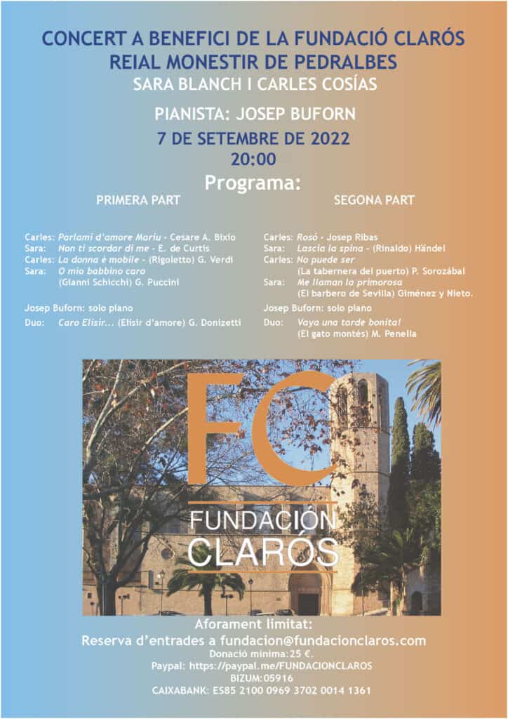 Hoy 07_09 concierto a beneficio de la @FundacionClaros con @SaraBlanch_SB #soprano @CarlesCosías #tenor y @JosepBuforn #piano en el Reial Monestir de Pedralbes #Otorrinolaringología