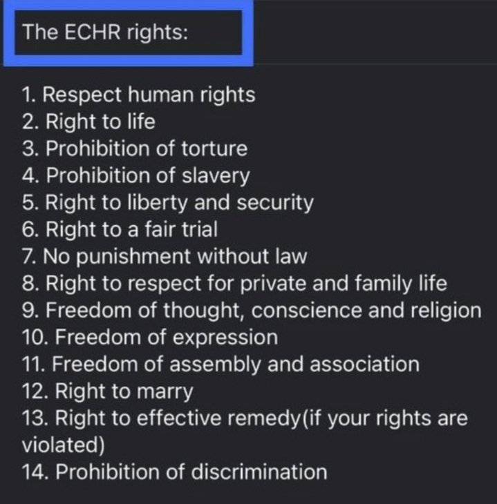 Suella Braverman is set to withdraw the UK from the ECHR. Because what she has planned for the uk is 100% illegal under European and international law. The UK should be terrified of what the Home Secretary is about to do. Which of these are you prepared to give up #JeremyVine