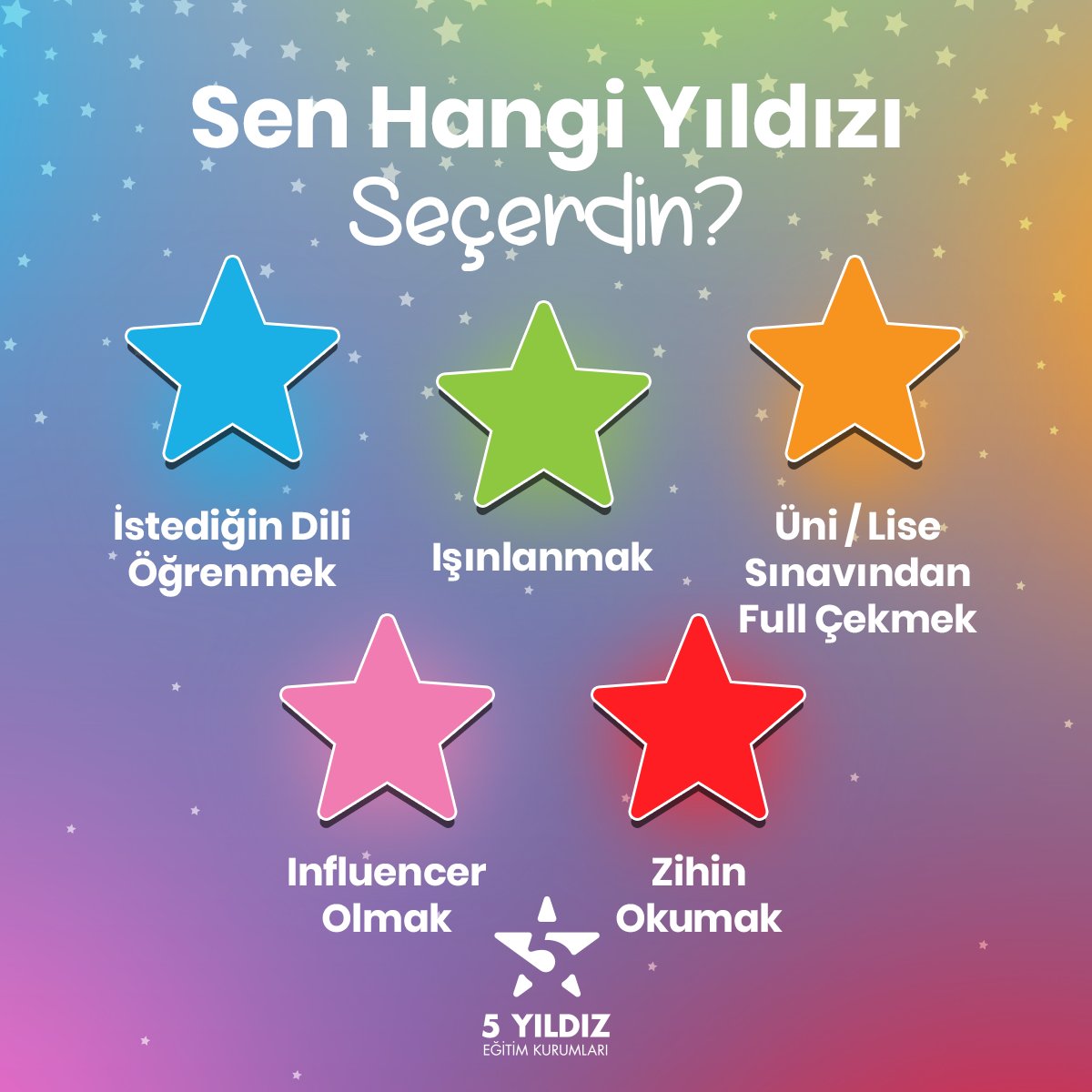 Bir yıldız seçme hakkın olsa sen hangisini seçerdin?

Bizimle paylaş? 👇

#5YıldızEğitimKurumları #EğitimKurumu #DenemeSınavları #NitelikliEğitim #TYT #AYT #YKS #LGS