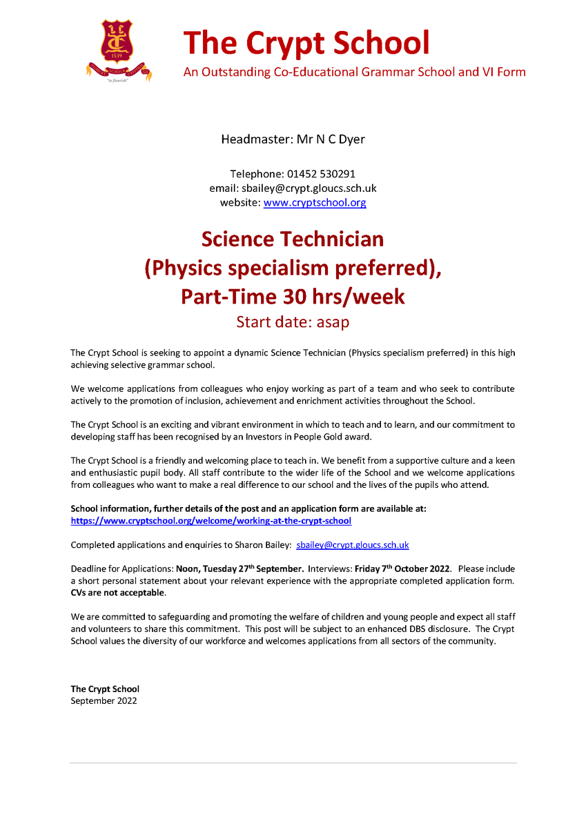 TheCryptSchool's tweet photo. We are recruiting for a Science Technician (part time Closing date is noon, Tuesday 27th September🧪🥼 #CryptScience @CryptScience 

Find out more information and how to apply here: https://t.co/U7kthHAgcm https://t.co/bqofTcX0lw