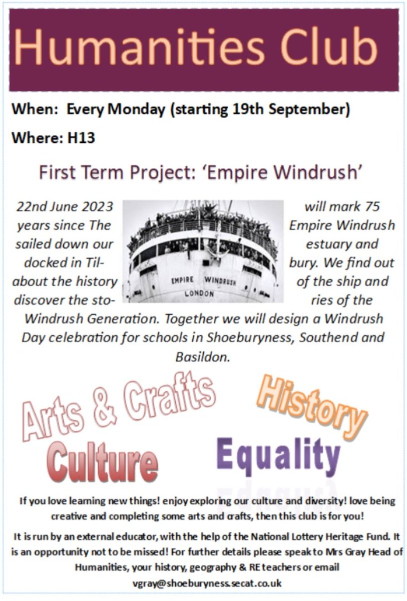 Humanities club is back on 19th September. All years welcome, we look forward to seeing you there.