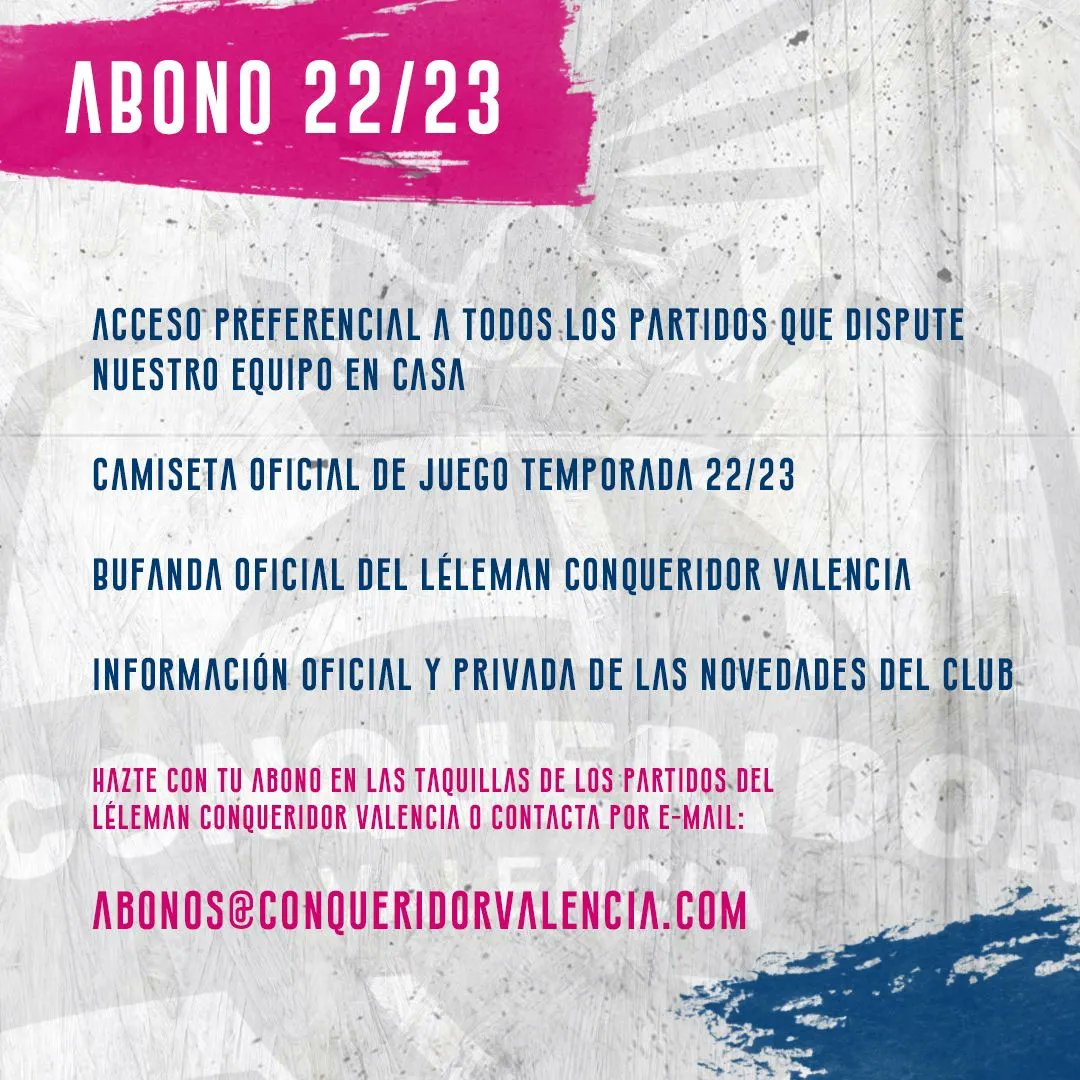 🎟️ Abónate a la emoción. Abónate al voley.

💶 100€
🏠 TODOS LOS PARTIDOS QUE SE CELEBREN EN CASA (11 partidos de liga y 'Playoffs' en caso de clasificarnos)
🧣👕 BUFANDA Y CAMISETA OFICIAL DE JUEGO DE REGALO

✍🏽 abonos@conqueridorvalencia.com o en taquillas

#VamosConque