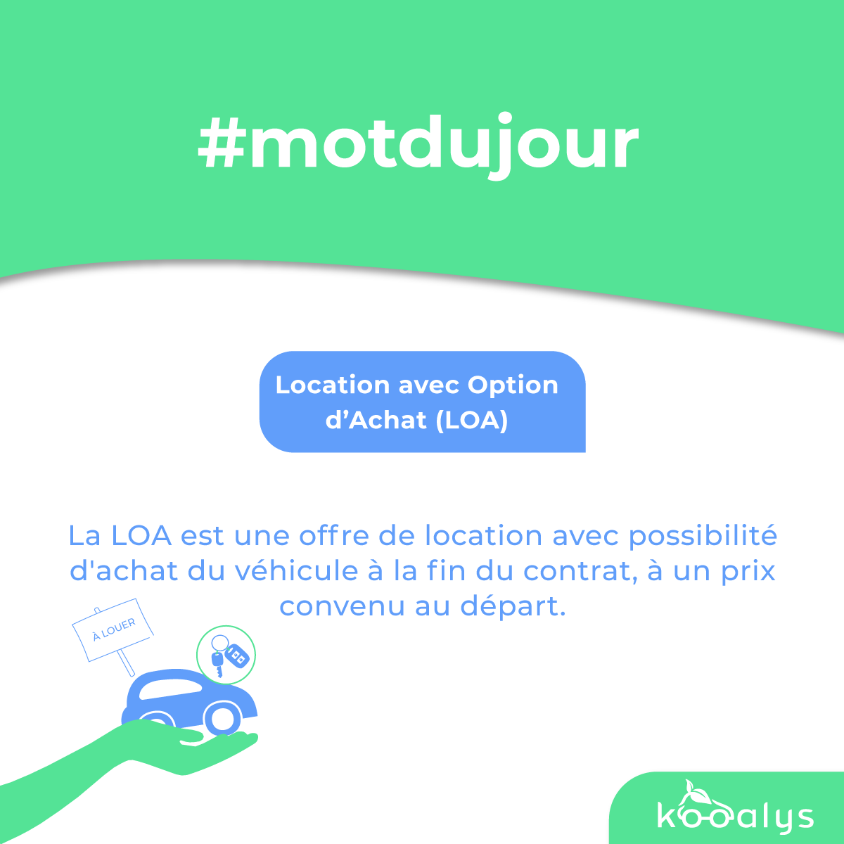 Le mot du jour : #LOA  🚘

Aussi appelée « Crédit-Bail » ou « leasing », cela consiste à louer une voiture, avec possibilité, à l’issue du contrat de location, de l’acheter à un prix convenu au départ 📍

On vous en dit plus ⬇️
bit.ly/3qfWYdp

#Assurance #flotteauto