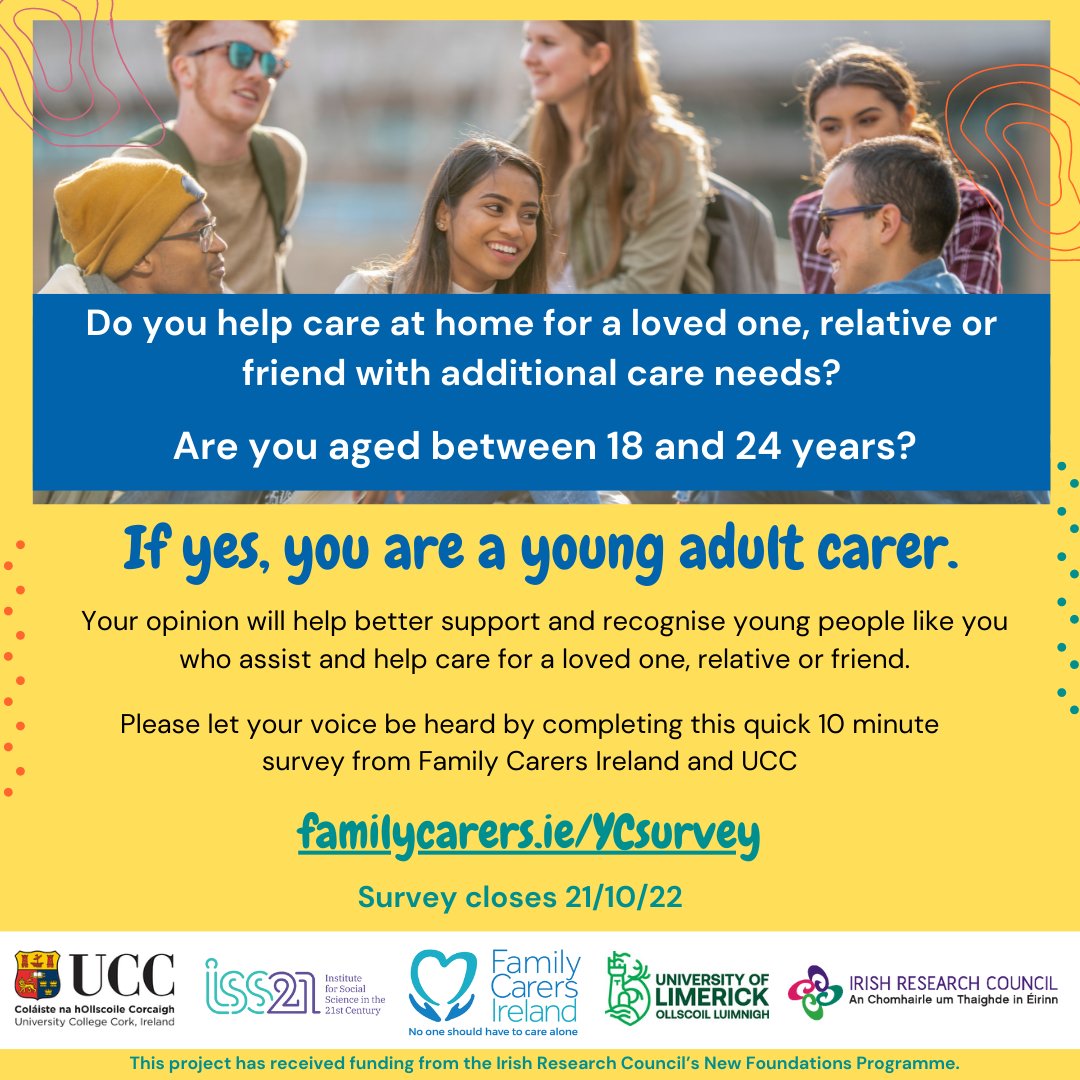 Hub na nÓg (@hubnanog) on Twitter photo Call out for young adult carers (aged 18-24 years) to complete this survey with <a href="/YoungCarersIrl/">Young Carers Ireland</a> and have your voice heard. Visit familycarers.ie/ycsurvey for more information and to submit your responses.
#youngcarers #familycarers Call out for young adult carers (aged 18-24 years) to complete this survey with <a href="/YoungCarersIrl/">Young Carers Ireland</a> and have your voice heard. Visit familycarers.ie/ycsurvey for more information and to submit your responses.
#youngcarers #familycarers
