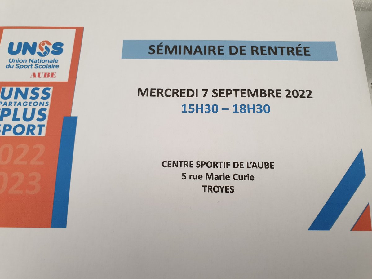 Lancement de la saison 2022 2023 pour <a href="/unssaube/">Unss aube</a>  lors du séminaire de rentrée avec les 170 enseignants d'EPS.
De nombreux projets pour le sport scolaire aubois.
<a href="/AubeDepartement/">Département de l'Aube</a> <a href="/SBertail/">Sybille BERTAIL</a> <a href="/VilledeTroyes/">Ville de Troyes</a> #partageonsplusquedusport