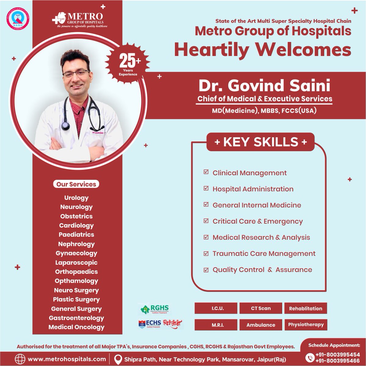 drgovindsaini_'s tweet photo. I am excited to start one more & new chapter in my career, with #metromas hospital in #jaipur, one of the multi-super specialty #hospitalchain in India. I feel privileged to be a part of this team and contribute to the hospital's goal of providing excellent healthcare services. https://t.co/tECsxjLs3b