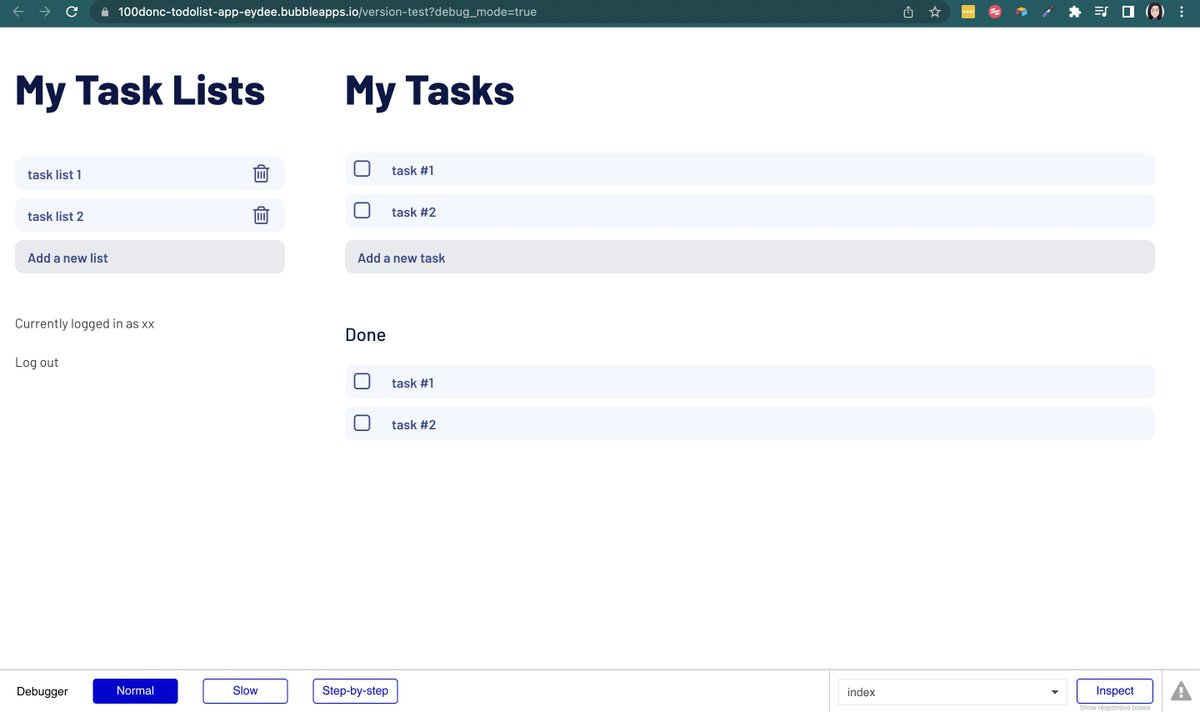 heyalydenise's tweet image. Day 61 of #100DaysOfNoCode

I started building the UI of my to-do list app built in @bubble! 

What I did today: 

-Setup the page
-Add visual elements
-Connect data sources
-Add popups to add task lists and todos

Love the learning path so far @DamianJanzi!
 
#NoCode #Bubbledev