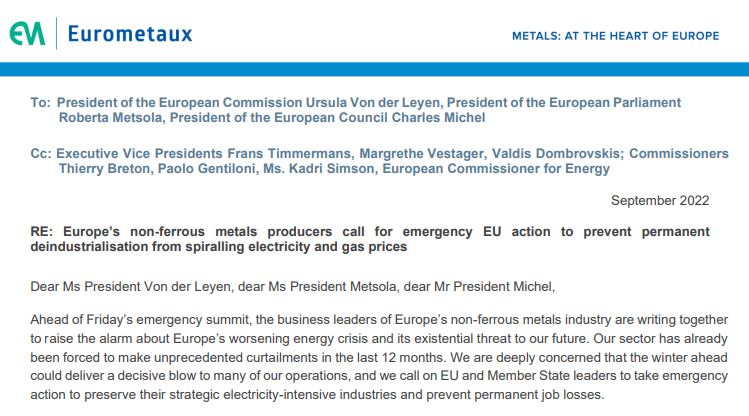 Read more about the article JUST IN – 40 CEOs of European metal groups warn of an “existential threat” to th