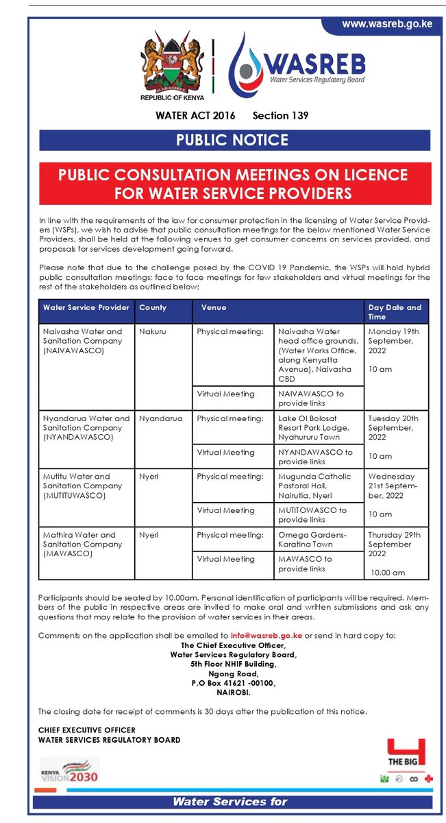 wasreb's tweet photo. IMPORTANT NOTICE TO NYERI, NAKURU AND NYANDARUA RESIDENTS: Public Consultation Meetings on licence for the below Water Service Providers. 
Note: Venue for Nyandarua Water is Lake Ol Bolosat Resort near Ol Jororok Town. https://t.co/aoROvHzIGS