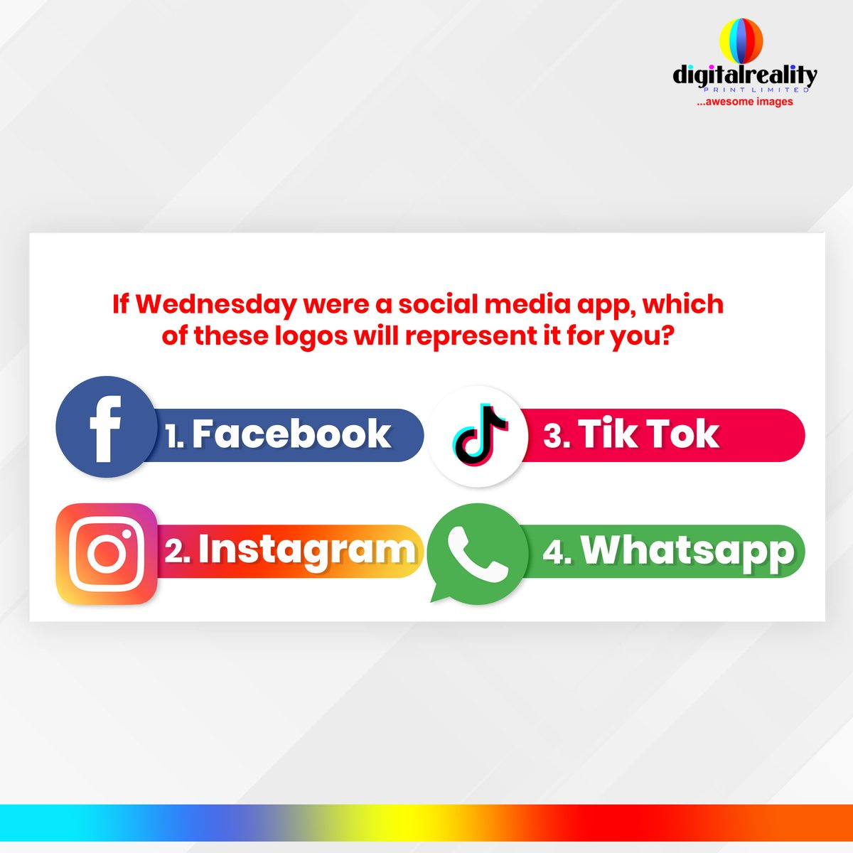 DigitalrealityL's tweet image. Certain days mean different things to everybody.😆

What social media application are you today? 

Let’s get the comments rolling in. 👇💃

#digitalrealityprinting #humpdaywednesday #humpdayfeels #socialmedia #brandlogo #logodesigner #branding #printing #business