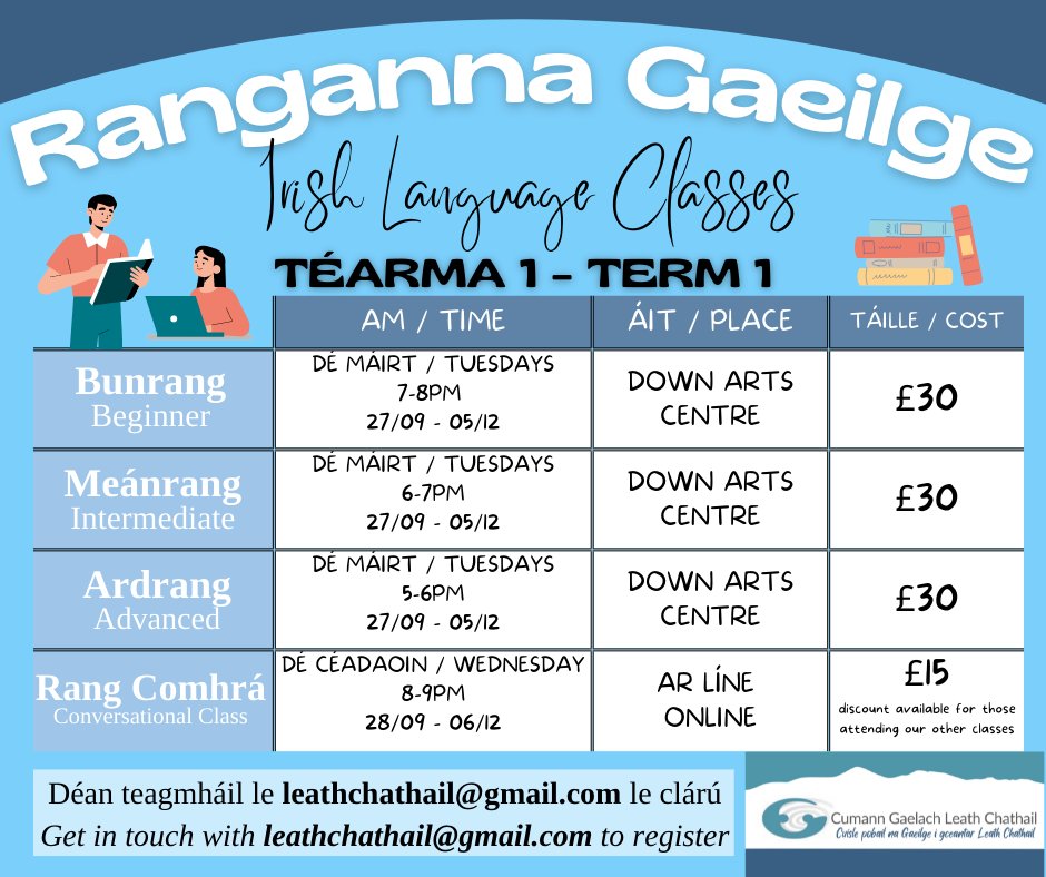 LeathChathail's tweet photo. RANGANNA / CLASSES
Our classes are back again!We will be based in the Down Arts Centre for our first term and there will also be a conversational class online(discount if you are already attending 1 of our other classes)
Get in touch with us at leathchathail@gmail.com to register https://t.co/SmxdvgLM9X
