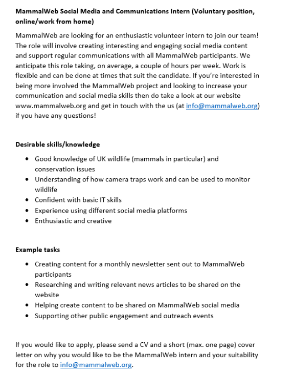 MammalWeb's tweet photo. Are you interested in camera trapping and mammal conservation? Looking to gain experience in public engagement and science communication? If you have a couple of hours to spare per week, consider joining the MammalWeb team as we are looking for a new volunteer intern! https://t.co/3cguTG1VpM
