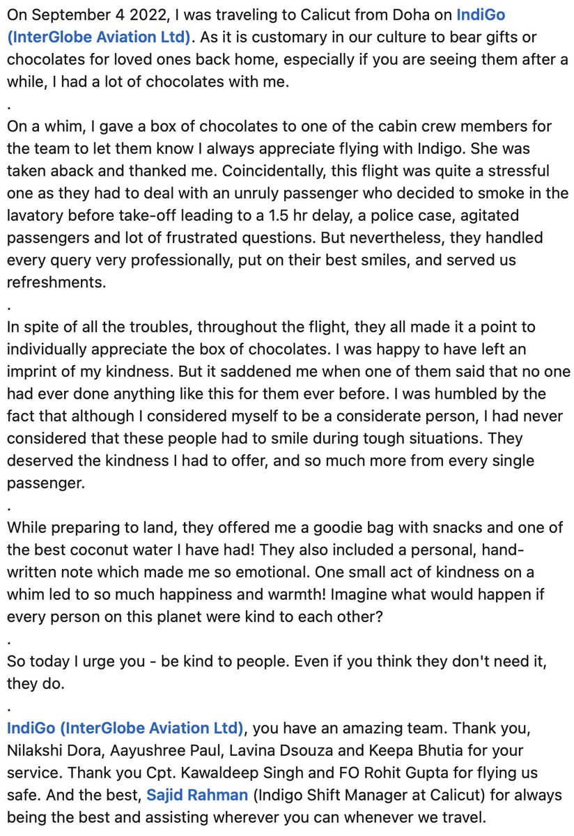 shaana2633's tweet photo. @IndiGo6E 6E 1712 - September 4 2022 - DOH-CCJ

My Indigo Story - https://t.co/Vh6zqyJnqu (LinkedIn)

#people #kindness #indigoairlines #aviation #customerservice #kindnessisfree #kindnessiscontagious #kindnessiseverything #service #team #humanity https://t.co/2QMG0W81RY