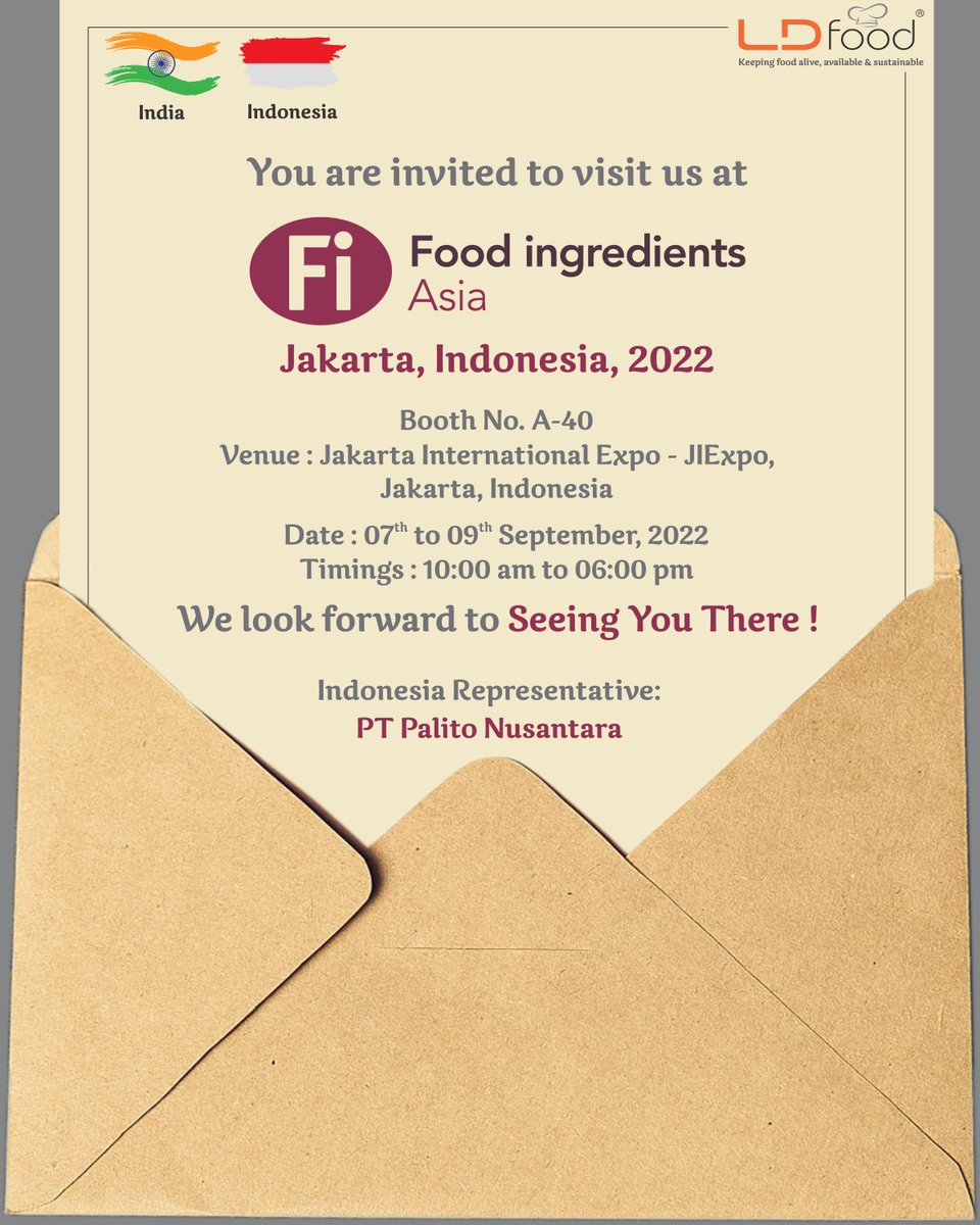 lalsaiglobal's tweet photo. Lalsai Dehy Foods (LD food) invites you to meet us at Fi - Food ingredients Asia Expo 2022.

Venue: Booth No. A-40, Jakarta International Expo - JIExpo,
Jakarta, Indonesia 

Date : 07th to 09th September, 2022

Register now : https://t.co/ePcXJ325Ol https://t.co/rd4eHyqk1O