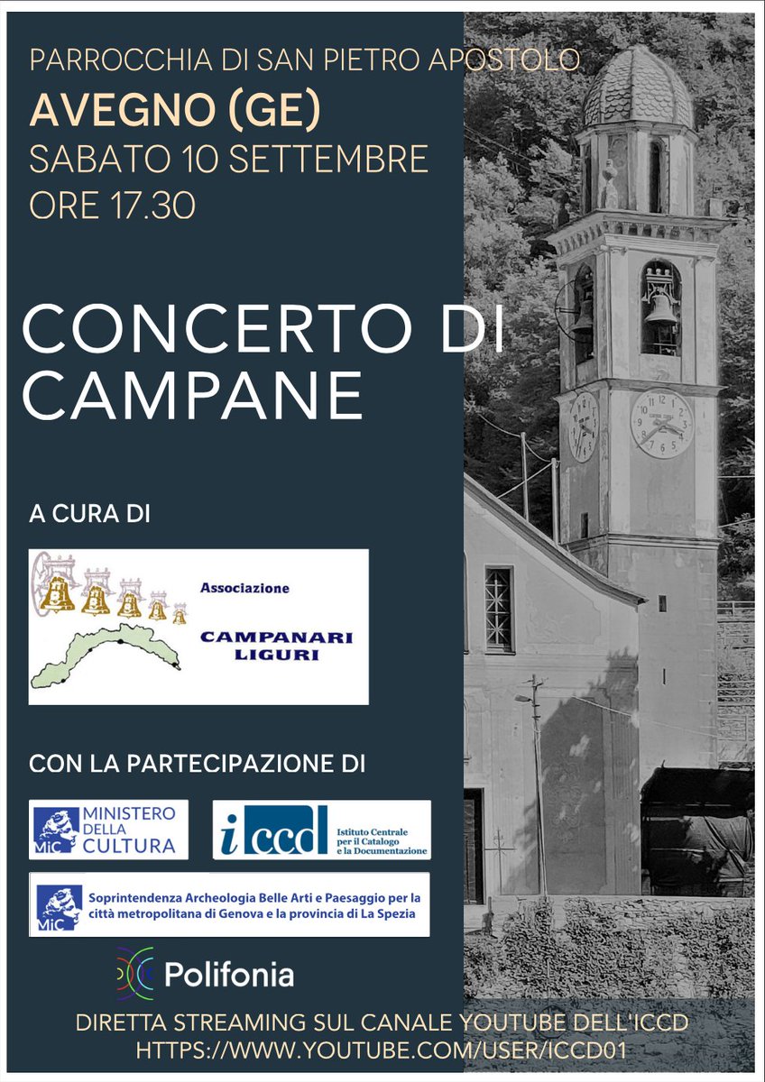 Tune in for a charming bell concert in Avegno (Italy)! #PolifoniaH2020 presents the first of a series of concerts that will be part of our #BELL pilot. September 10th, 17.30CET. Livestream: youtube.com/user/Iccd01
<a href="/MiC_Italia/">Ministero della Cultura</a> <a href="/ICCDMiC/">iccd</a>