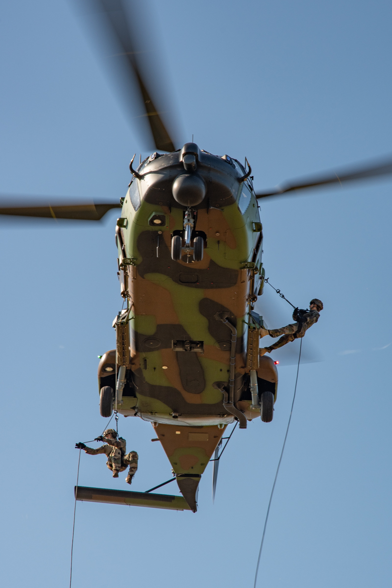 5eRHC's tweet image. En images et faisant partie de la #PrépaOps #armee2terre terre un entraînement conjoint du 5eRHC  avec le #1errhp et #35erap :
➡️le rappel et la corde lisse sur CAÏMAN à Ger.
#NotreDefense #aerocombat 
#hélicoptère.

©Cc1 Jérôme C