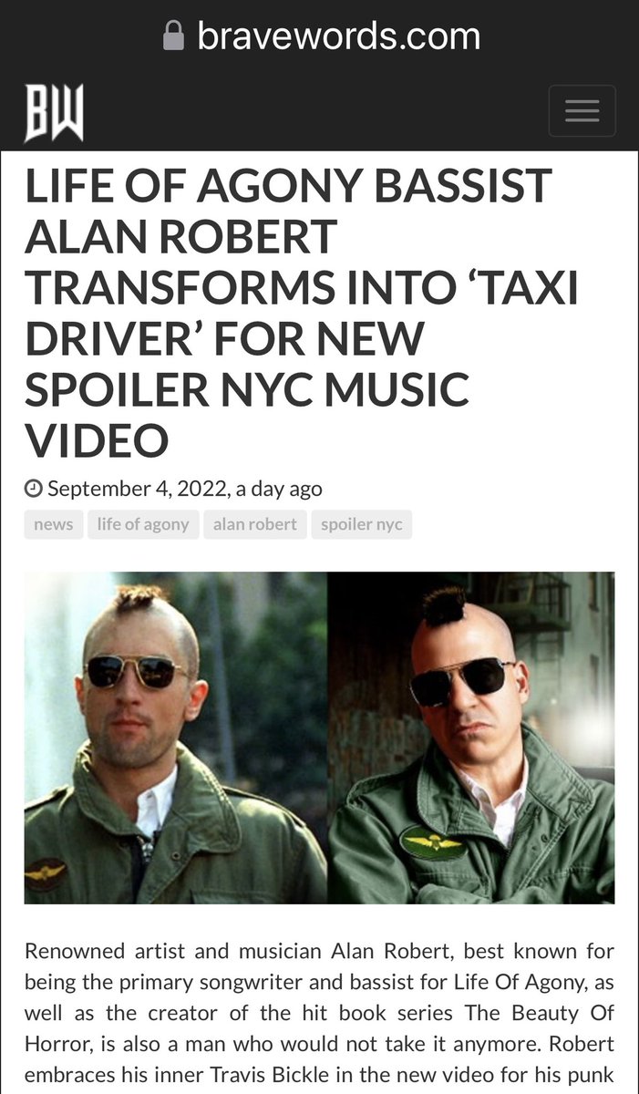 spoilernyc's tweet photo. How’d we do? Our “Damaged Goods” video recreated DeNiro’s most iconic role. https://t.co/BsOPtuBbcm #deniro #taxidriver #travisbickle @BraveWords666 @arobert @OffiLIFEOFAGONY #lifeofagony #alanrobert https://t.co/626jw0wHt1
