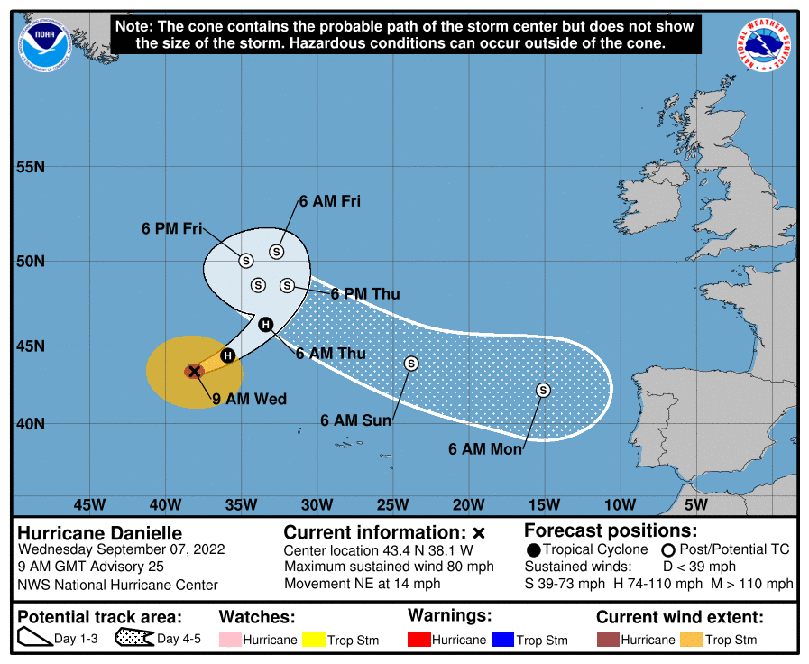AEMET_Esp's tweet photo. #Danielle perderá sus características tropicales, convirtiéndose en una borrasca profunda de latitudes medias. Se acercará a la Península a comienzos de semana, sin mayor adversidad que cualquier borrasca otoñal, con rachas de vientos fuertes y lluvias en el oeste y zona centro. https://t.co/UcWIzsdnbj