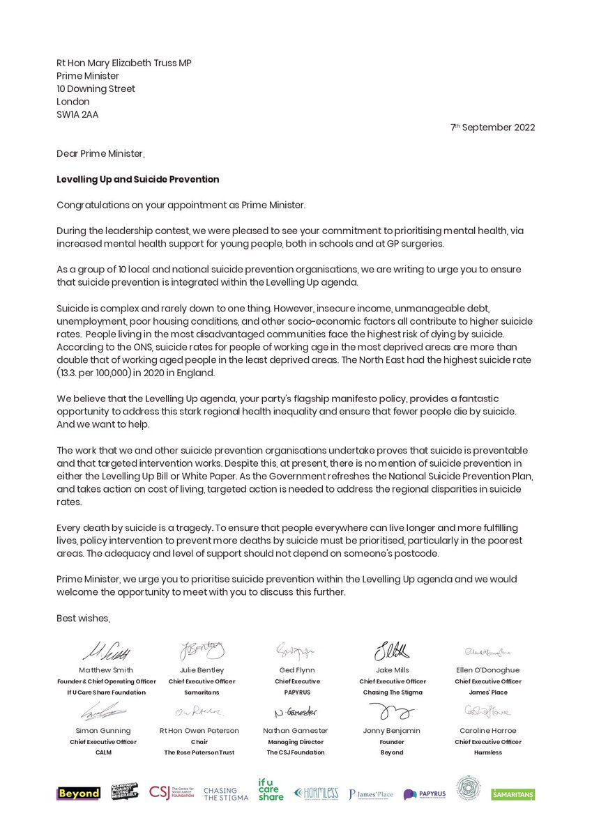 HarmlessUK's tweet photo. We @HarmlessUK have signed a letter to Prime Minister @trussliz calling for #suicideprevention to be included in the Government’s Levelling Up agenda. 

@matty_smith94 from @IFUCARESHARE will deliver this at the end of his 11-day 289 mile run. 

Let's show support #WSPD2022 https://t.co/VnwNcU3u18