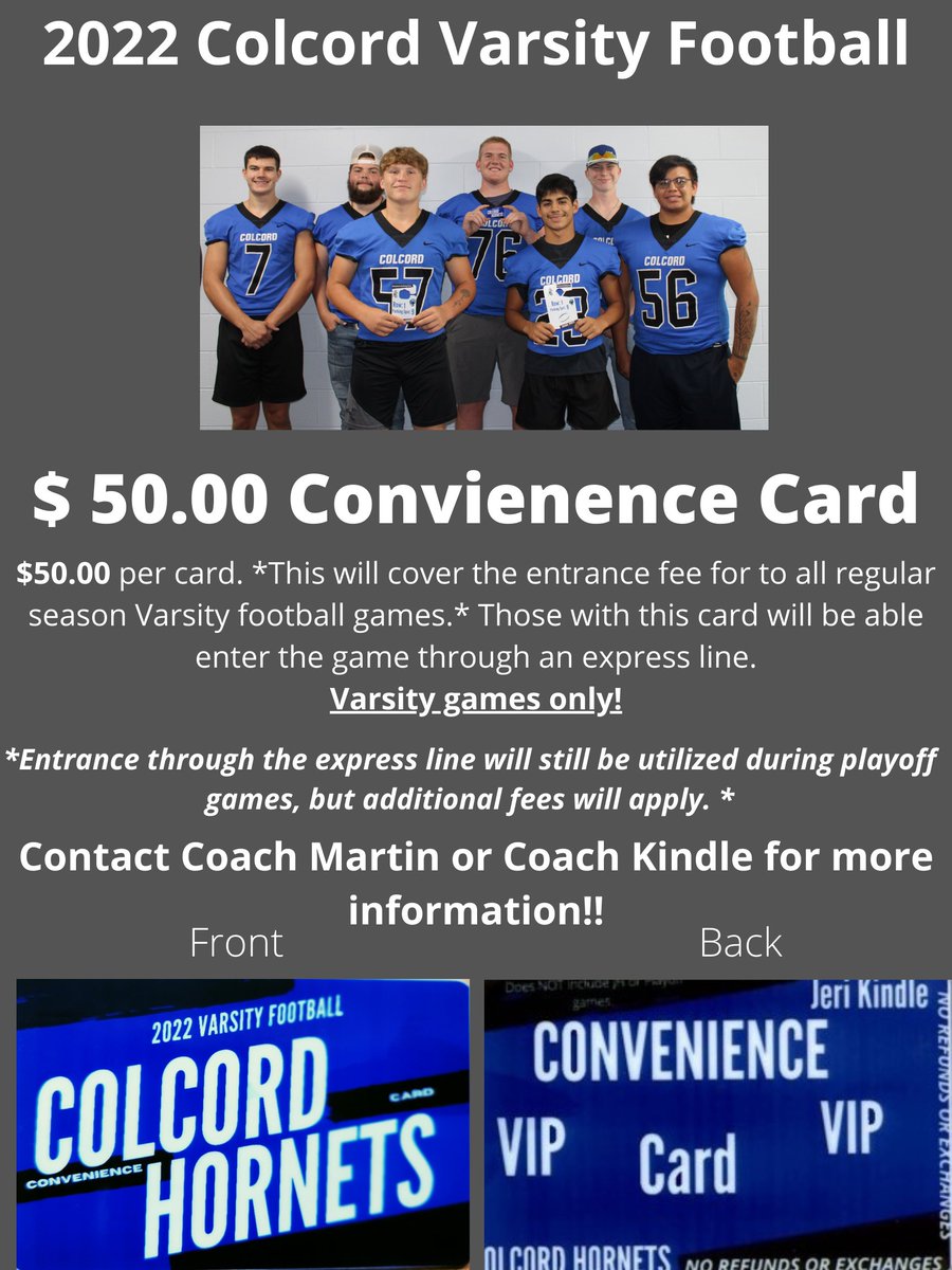 Help support the Colcord Football team. They are selling Football  convivence VIP cards and premium parking passes. If you have any questions please contact Coach Kindle or Coach Martin.