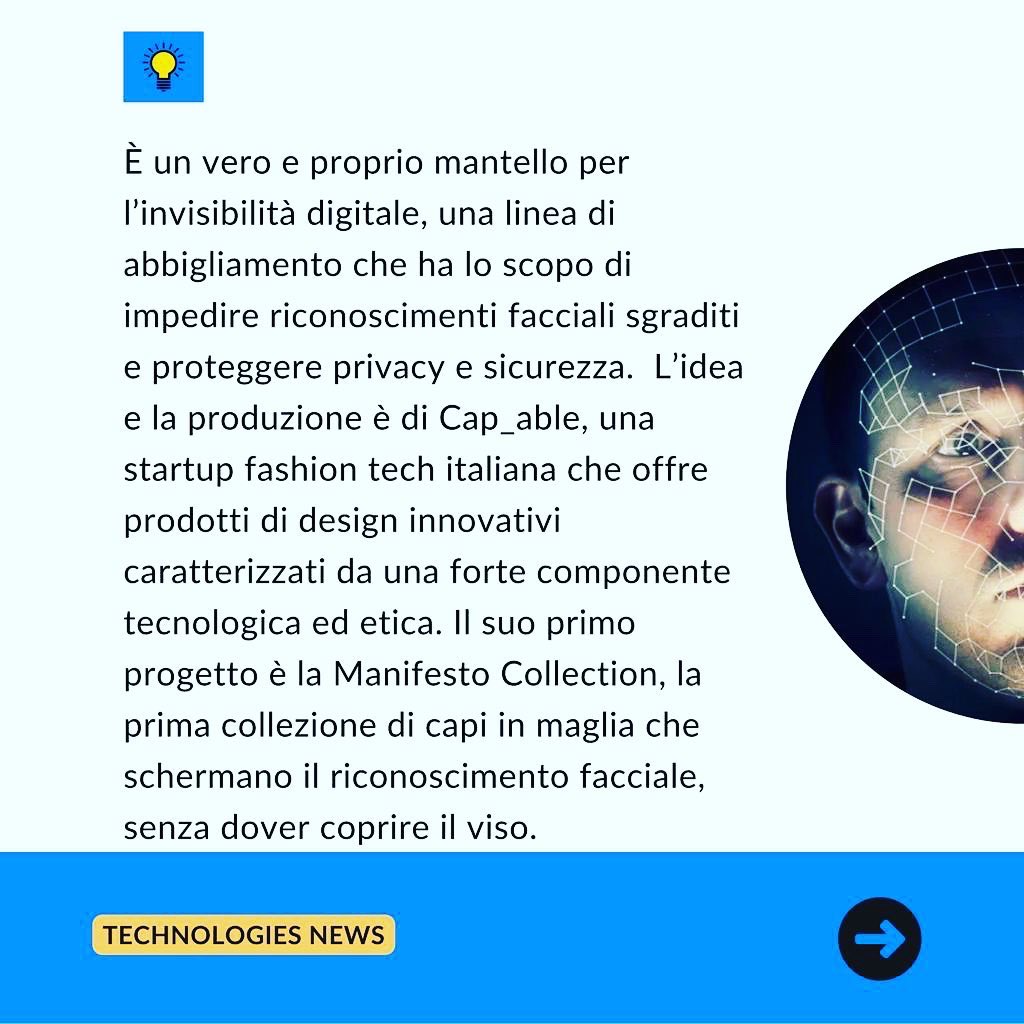 Angi_tech's tweet photo. Gli #abiti di questa #startup ci #proteggeranno dal #riconoscimentofacciale ingannando #intelligenza #artificiale
https://t.co/u7YzVyeO5o facciale/
#Anginews #technology #riconoscimentofacciale #faceid #cap_able #dress #abitoantiriconoscimento #innovation #invisibilewoman https://t.co/JJLLWfXIFB