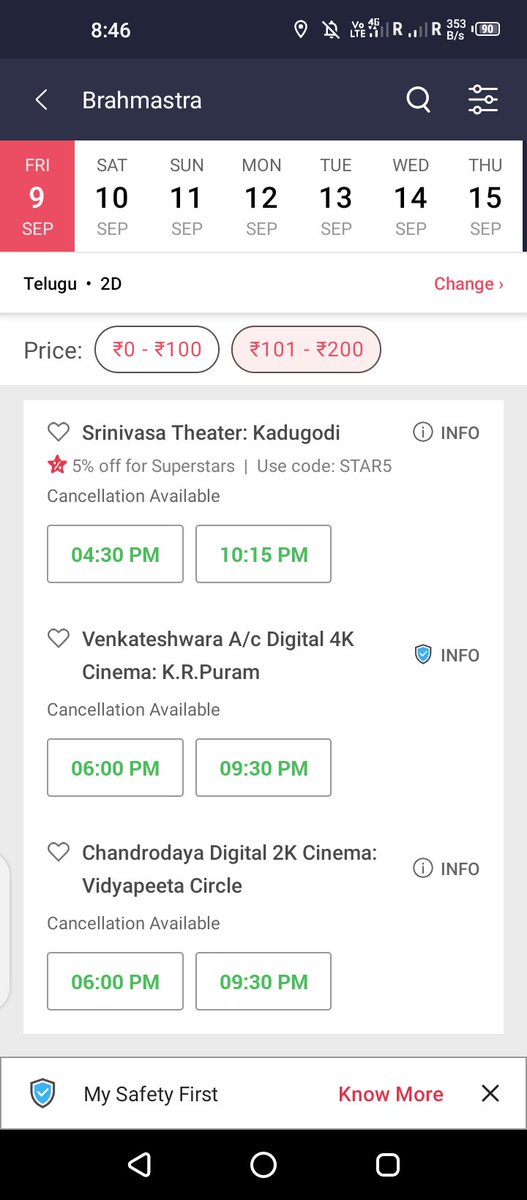 Over 60% of seats are not booked for 11:30am &amp; rest of shows are 70% seats not booked for the first day itself.Not even 10 seats are  booked in Bengaluru in some theatres like venkateshwara etc
It's hightime to #BoycottBrahamstra
#gemsofbollywood 
#Bramhastra 
#BoycottBollywood