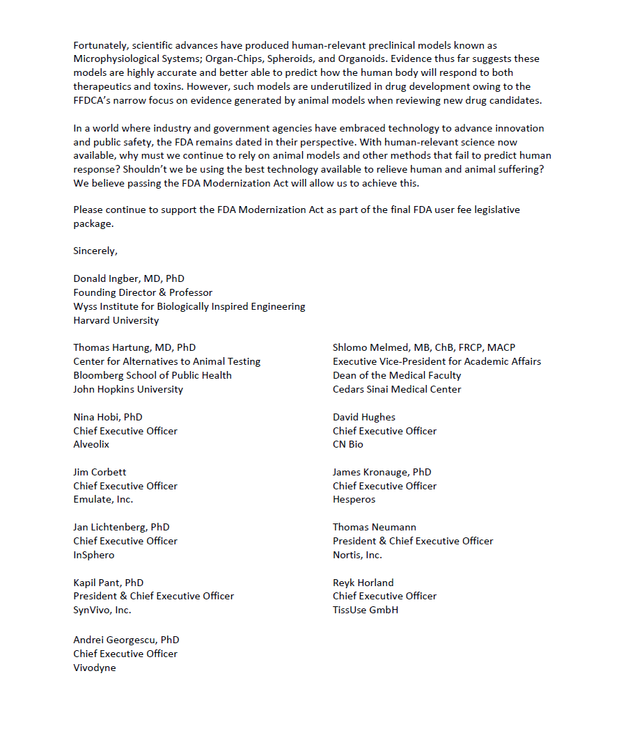 TissUse_HUMIMIC's tweet image. This is a letter, that the MPS industry leaders signed &amp;amp; that @emulateinc has sent to the US congress to raise awareness about the importance of the #FDAModernizationAct to our industry.
@SenatorBurr, @PattyMurray, @cathymcmorris, @FrankPallone