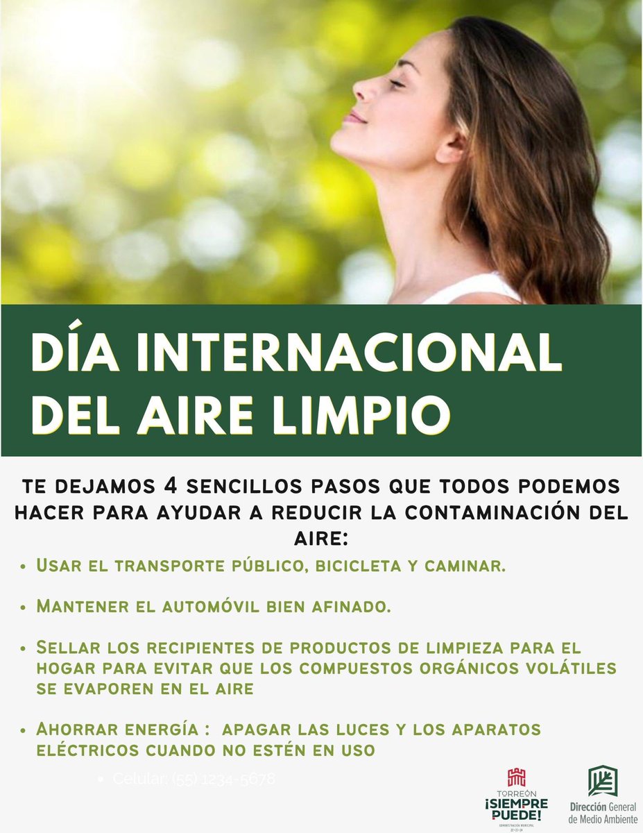 DGMATRC's tweet photo. En el Día internacional del Aire Limpio se busca concientizar sobre la importancia y vitalidad que tiene este importante compuesto en el planeta, en los seres humanos y los seres vivos, a través del reconocimiento a la investigación para su mejoramiento.

#TorreónSiemprePuede https://t.co/EfKjcXppVp
