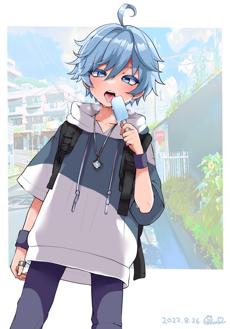 chongyun (genshin impact) 1boy food male focus popsicle blue hair blue eyes hoodie  illustration images