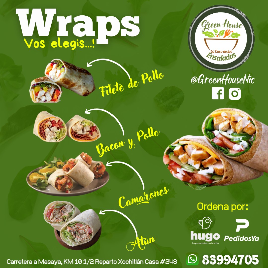 UNOLiveNic's tweet photo. ¿Ya probaste los deliciosos #Wraps de Green House "La Casa de las Ensaladas"?🌮🥙🥗 Ordena ahora:
🥗Ordena por #PedidosYa aquí:
👉https://t.co/o64ydjvHgv
🥗Ordena por #Hugo aquí:  
👉https://t.co/n7wd6eIyBa

@traficoni @ReporteNi @NicasBot https://t.co/X4wyjeFK6m