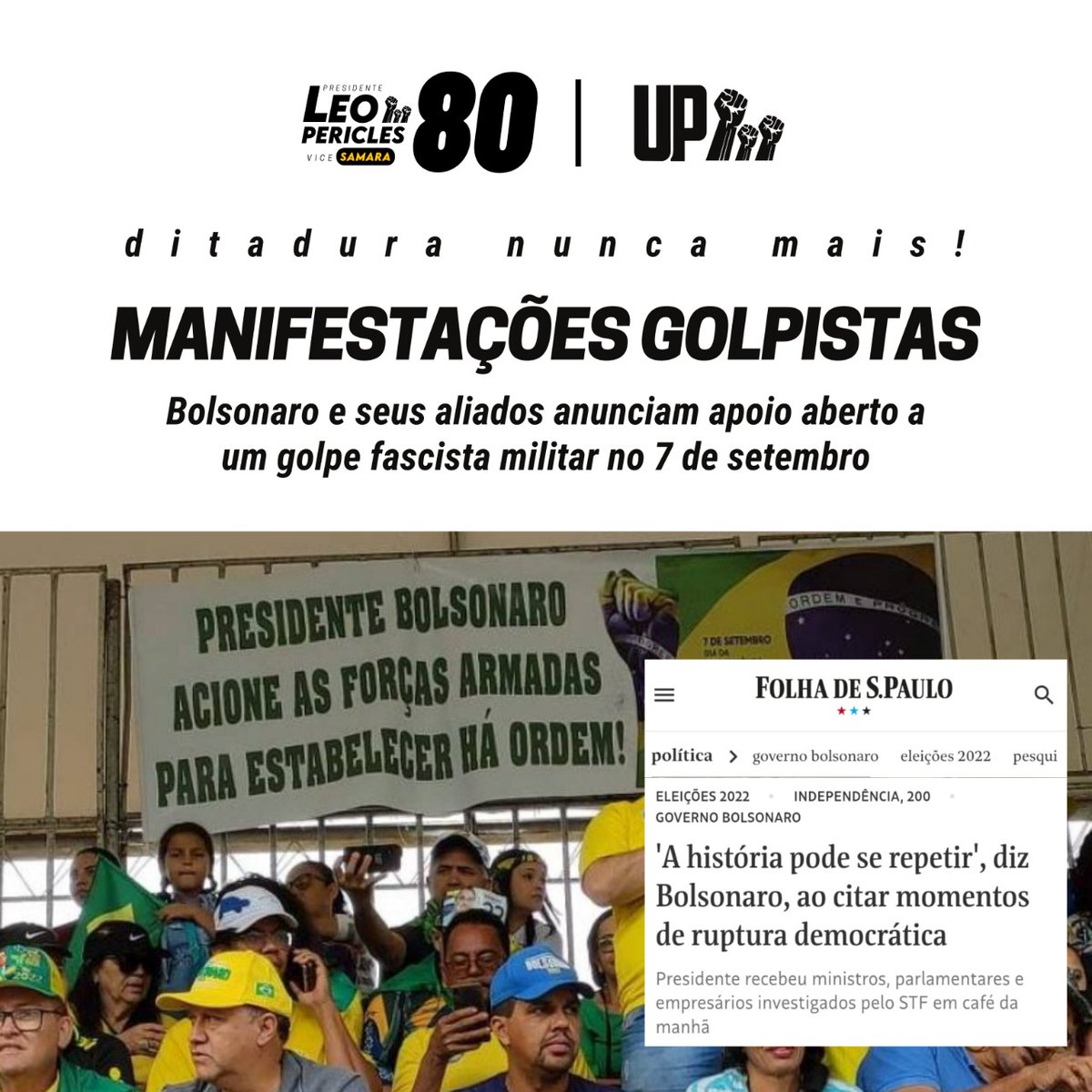 Hoje, o fascista que governa de modo irresponsável o Brasil recebeu ministros, parlamentares e empresários. Após citar diversos momentos de tensão ou ruptura democrática, incluso o golpe militar de 64, Bolsonaro alegou que "a história pode se repetir, o bem sempre venceu o mal".
