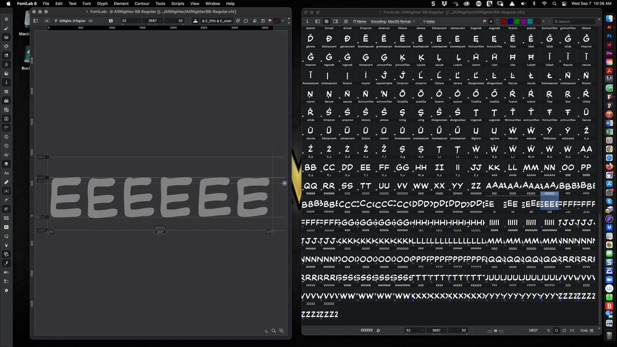 blambot's tweet photo. Creating bouncy baseline autoligatures for Project All-Nighter. I take each of the 6 different versions of each letter, create a new glyph out of them, and shift their baselines. Tedious but the results are worth it. #fontlab8 https://t.co/Ovj7jKBa8g