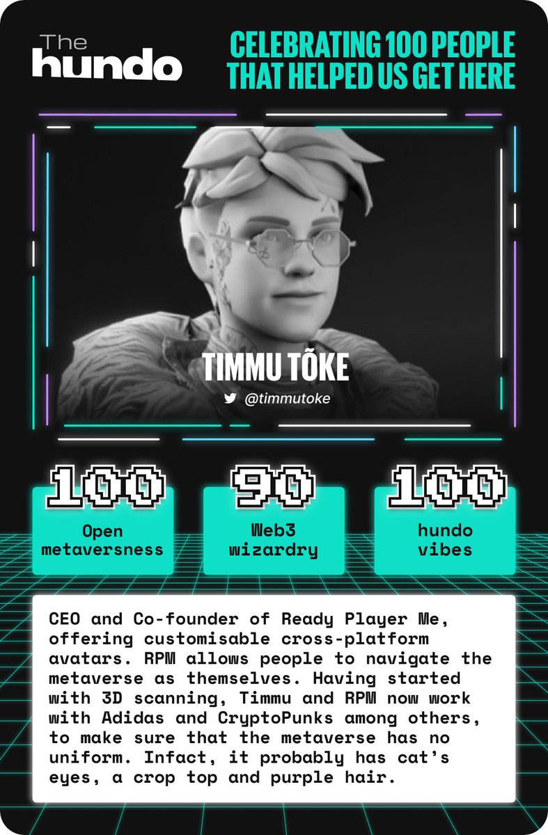 hundo_xyz's tweet photo. Introducing @timmutoke, CEO and Co-founder of @readyplayerme who scores 100 points both in open metaversness and hundo vibes. 

Welcome to the #hundo100 family and we are so excited to see everyone's Ready Player Me avatars on @hundo_xyz.

https://t.co/8FAE7YKud9

#web3 #avatars https://t.co/AXAZr3uFND