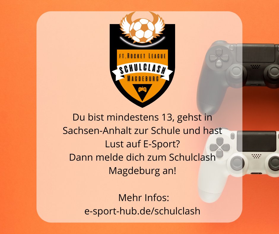 Computerspiele machen einsam? Nicht mit uns! Im Rocket League Schulclash Magdeburg treffen Teams aus Schüler:innen Sachsen-Anhalts aufeinander und messen sich in einer Online-Vorrunde und einem Offline-Turnier.
Interessant?
Mehr Infos unter:
e-sport-hub.de/schulclash/