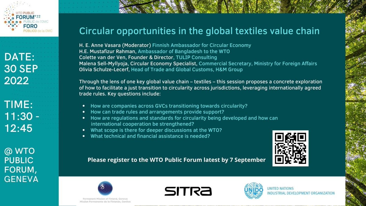 Interested in learning what the #CircularEconomy has to offer for the global #textiles value chain?

Join the #WTOPublicForum in Geneva on 30 Sept at 11:30 to hear about <a href="/SitraFund/">Sitra</a>'s new study.

⬇️ Register by 7 Sept bit.ly/3TAg7UV