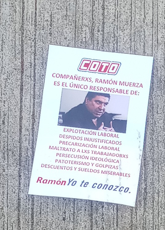 COTOanonimos's tweet photo. Lxs trabajadorxs y delegadxs de #COTO ya no te tenemos miedo...porque estamos cansados de @ramonmuerza y sus mentiras te volanteamos las sucursales Abasto, Retiro, Spinetto, Palermo, Barracas y Pompeya...RAMON NOSOTRXS TE CONOCEMOS! https://t.co/cOYjKV2QIz