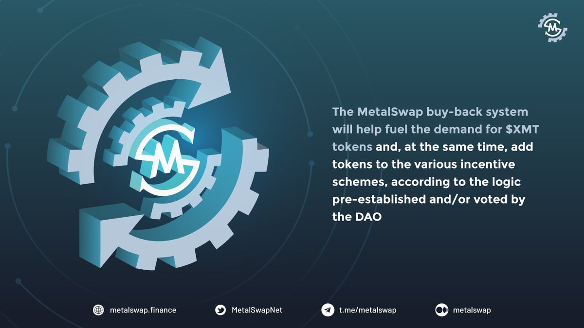 The #MetalSwap buy-back system will help fuel the demand for $XMT tokens and, at the same time, add tokens to the various incentive schemes, according to the logic pre-established and/or voted by the DAO.

metalswap.finance

#Commodity #Commodities