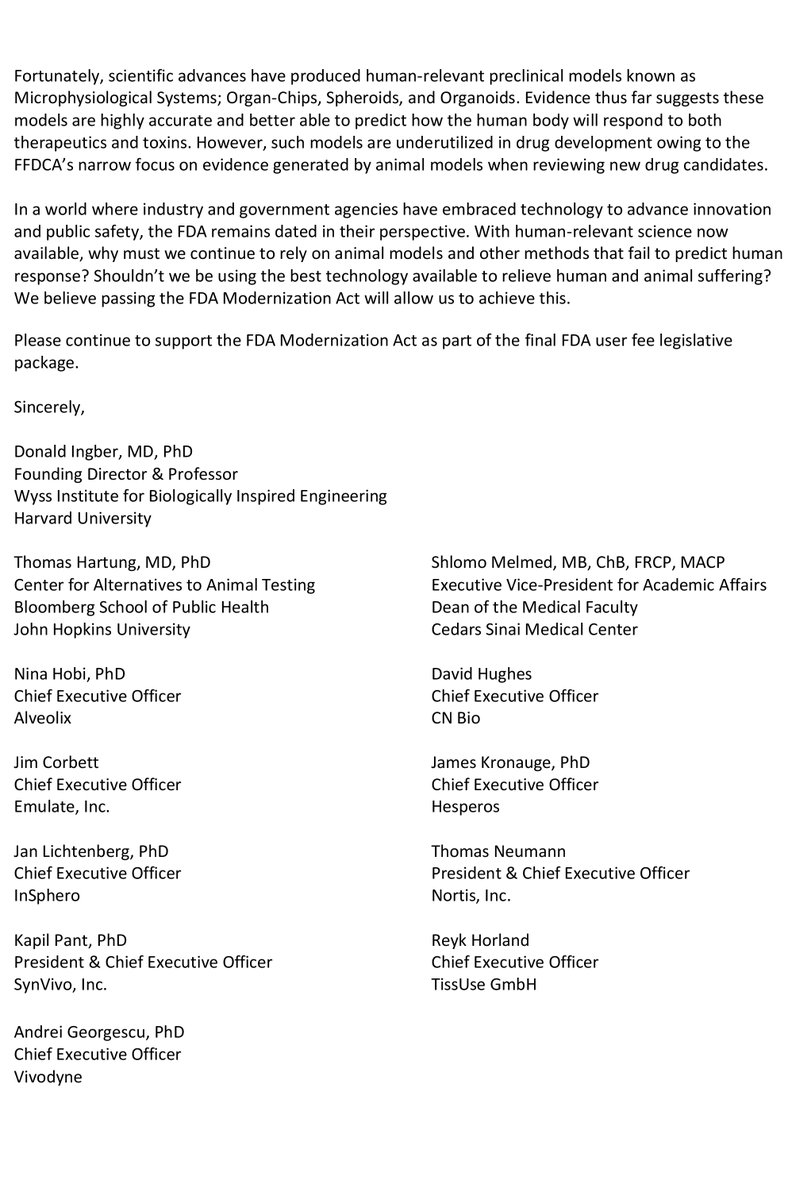 wyssinstitute's tweet image. We support our fellow MPS industry leaders who are urging Congress to pass the #FDAModernizationAct, a bill that would update FDA regulation to accept results from advanced, human-relevant preclinical models. @DonIngber @emulateinc  (1/4)