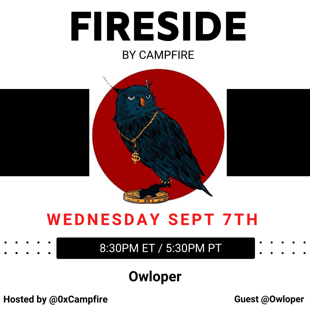0xCampfire's tweet photo. GM everyone! Let's get the fire burning!
We got @owloper on Fireside tonight!
Games, Prizes and Alpha
#AVAX #NFT #AVAXNFT #AVAXNFTRSH #Owloper https://t.co/IUplJFrN9q