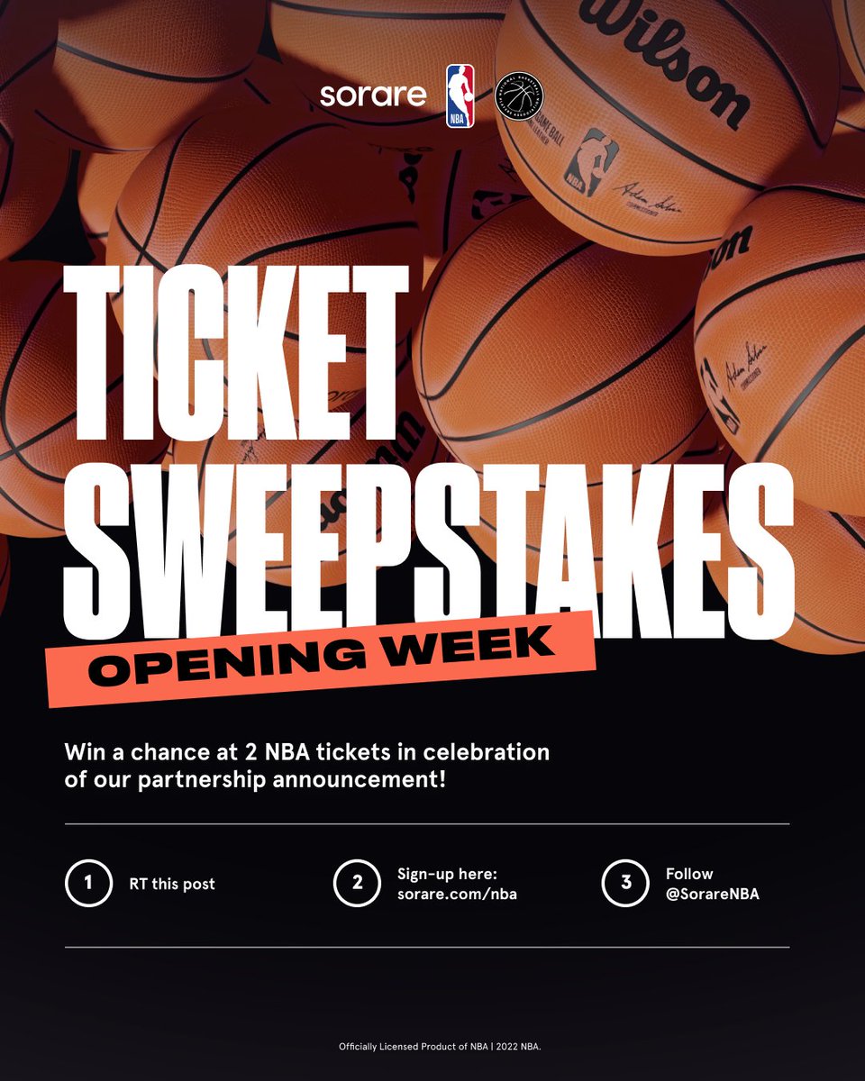 In celebration of our <a href="/NBA/">NBA</a> x @theNBPA partnership, we’re giving YOU the chance to win NBA Opening Week tickets. 🎟🏀

To enter:
1. RT this post
2. Sign up at sorare.com/nba
3. Follow <a href="/SorareNBA/">SorareNBA</a>

Official rules 👉 api.sorare.com/go/nbasweeps