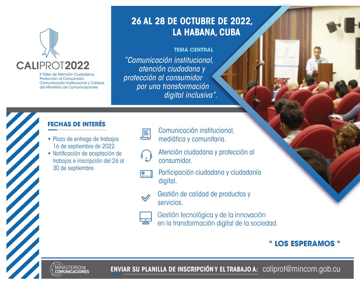 #Caliprot2022  
Envía tu trabajo. 
Para más información👉bit.ly/3P7pgkM
Visite también la Sección Entérate del sitio web del <a href="/MINCOMCuba/">Ministerio de Comunicaciones Cuba</a> 👉bit.ly/3RbrcdW
