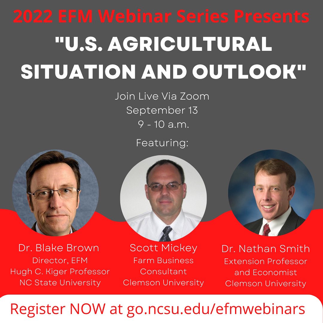 ExecFarmMgmt's tweet photo. Our first FREE webinar in our 2022 EFM Fall Webinar Series will be next Tuesday, September 13, at 9 a.m. on Zoom.

The webinar will explore the U.S. agricultural outlook and will feature experts Blake Brown, Scott Mickey and Nathan Smith.

Register at https://t.co/R3PM2fahek https://t.co/dMsTf8UFx1