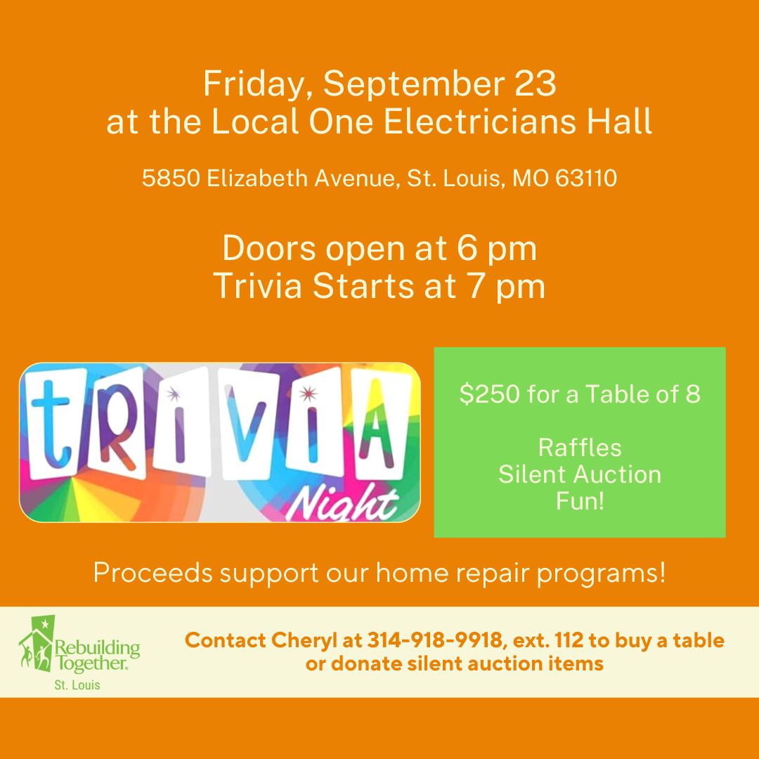 Have you purchased your table for our annual Trivia Night? It's not too late - we have room for a few more. Get your group together and contact Cheryl to secure your spot! #WeAreRebuilders