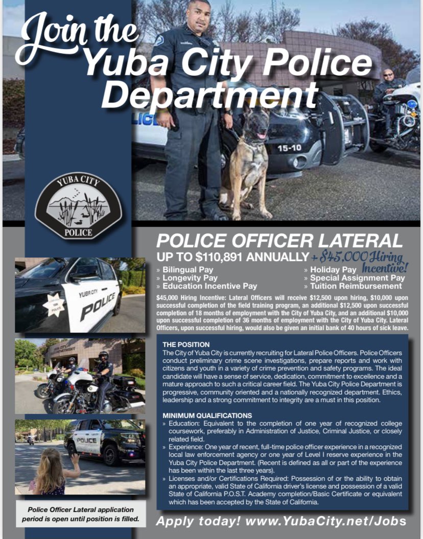 YCPD is hiring Lateral Police Officers and would like you to join our team! Take a look at our benefits below and our new $45,000 hiring incentive. You can apply by clicking here: 

linktr.ee/YCPDCPC